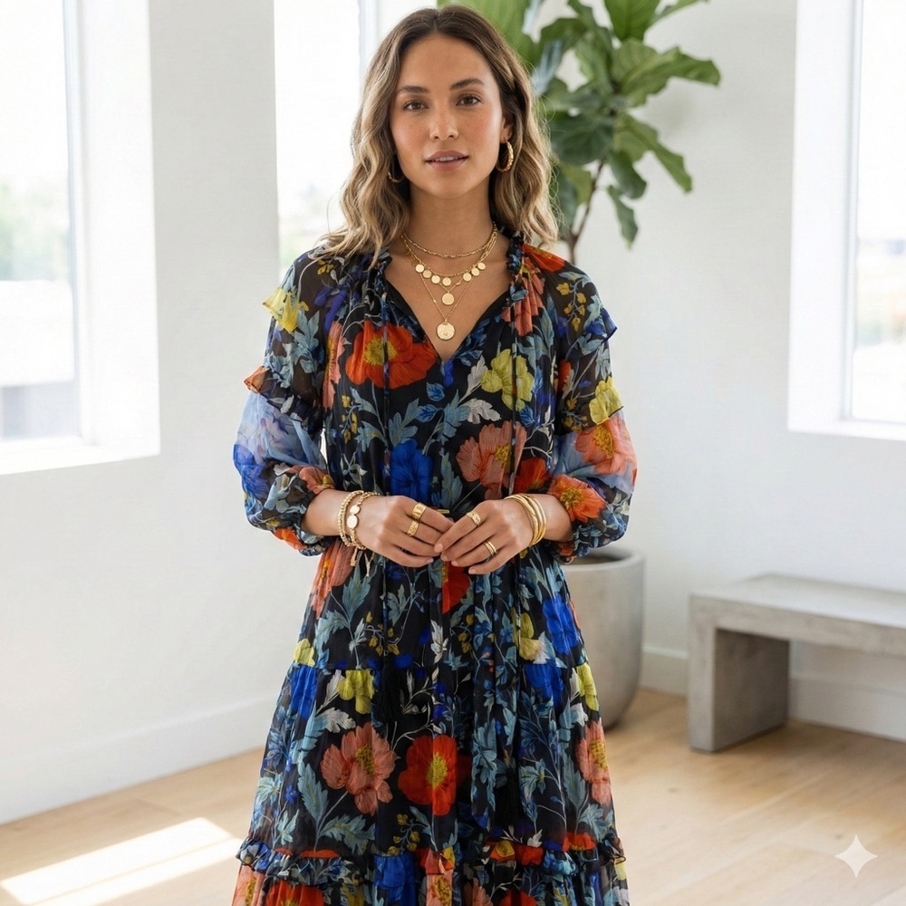 Kobi Halperin Floral Boho Flowy Tiered Long Sleeve Midi Dress - Small Nwot